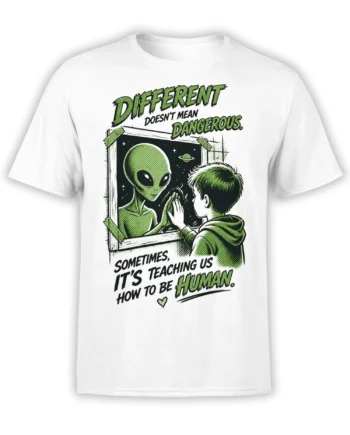 White alien T-shirt with green space visitor, human connection artwork, stars, and bold “Different” lettering