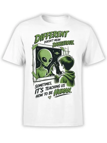 White alien T-shirt with green space visitor, human connection artwork, stars, and bold “Different” lettering