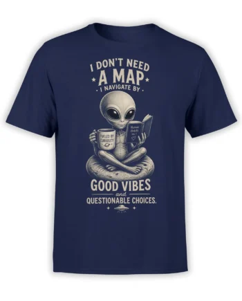 Medicating alien holding a mug and book on a navy alien graphic T-shirt