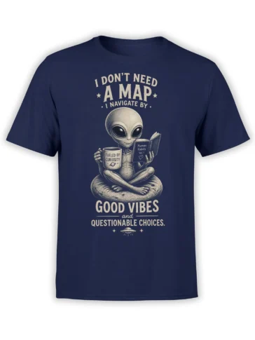 Medicating alien holding a mug and book on a navy alien graphic T-shirt
