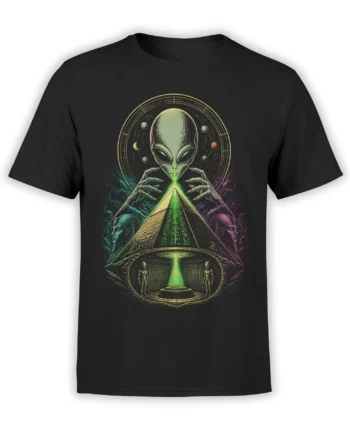 Black alien pyramid T-shirt with planets, Egyptian-style figures, and a glowing green beam