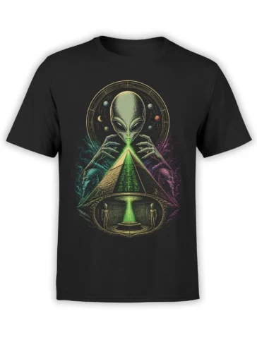 Black alien pyramid T-shirt with planets, Egyptian-style figures, and a glowing green beam