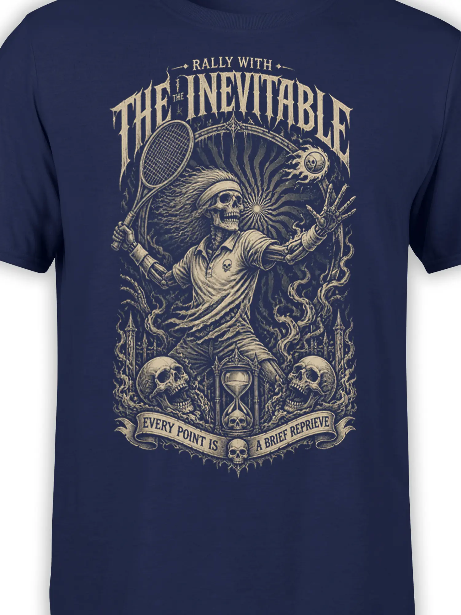 Close-up of skeleton tennis player artwork with racket, skulls, and gothic lettering on a navy shirt