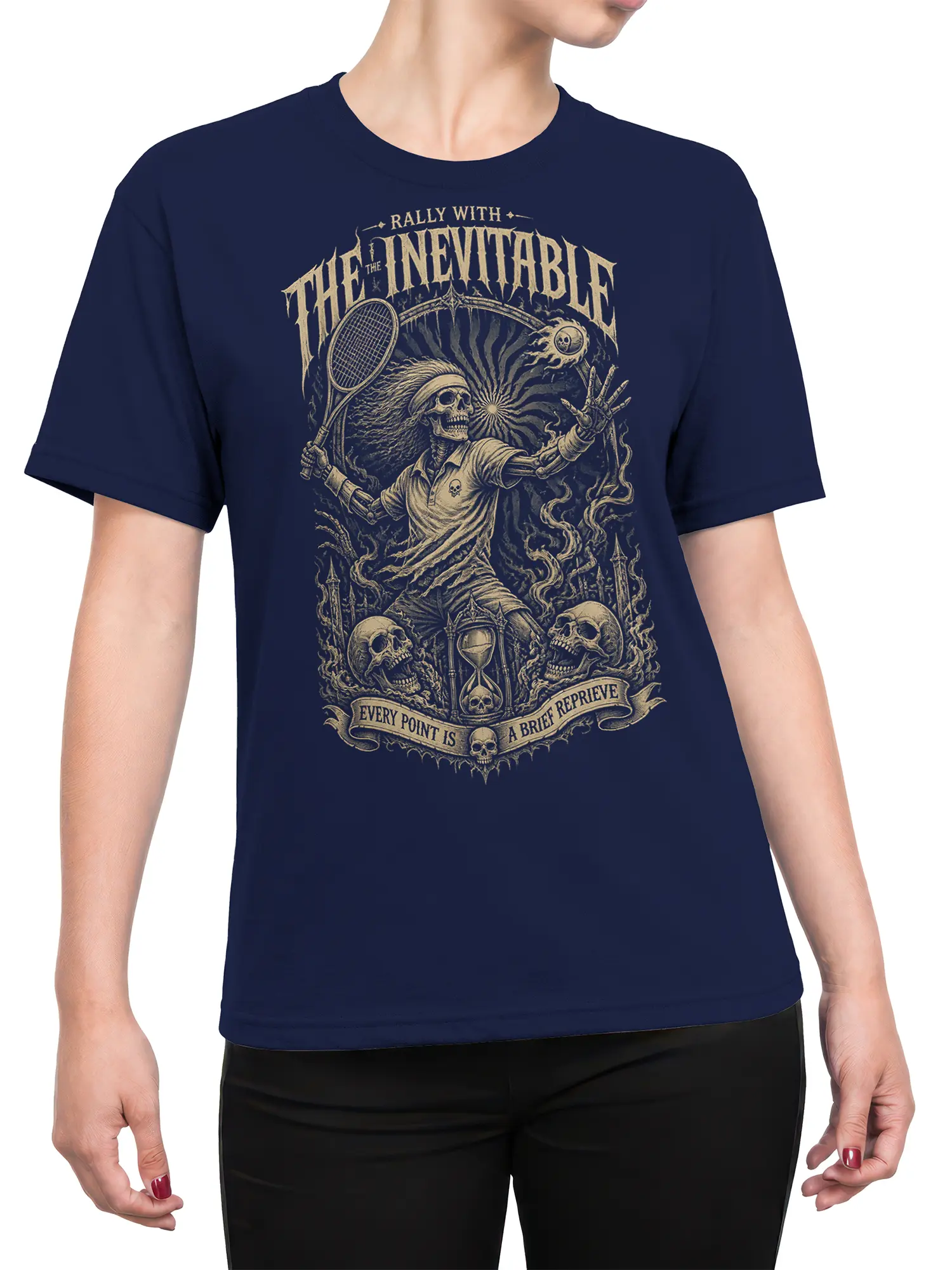 Female torso wearing a navy T-shirt with gothic skeleton tennis artwork and vintage cream print