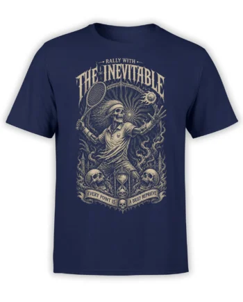 Gothic skeleton tennis player T-shirt in navy with skulls, an hourglass, and vintage cream lettering