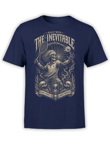 Gothic skeleton tennis player T-shirt in navy with skulls, an hourglass, and vintage cream lettering