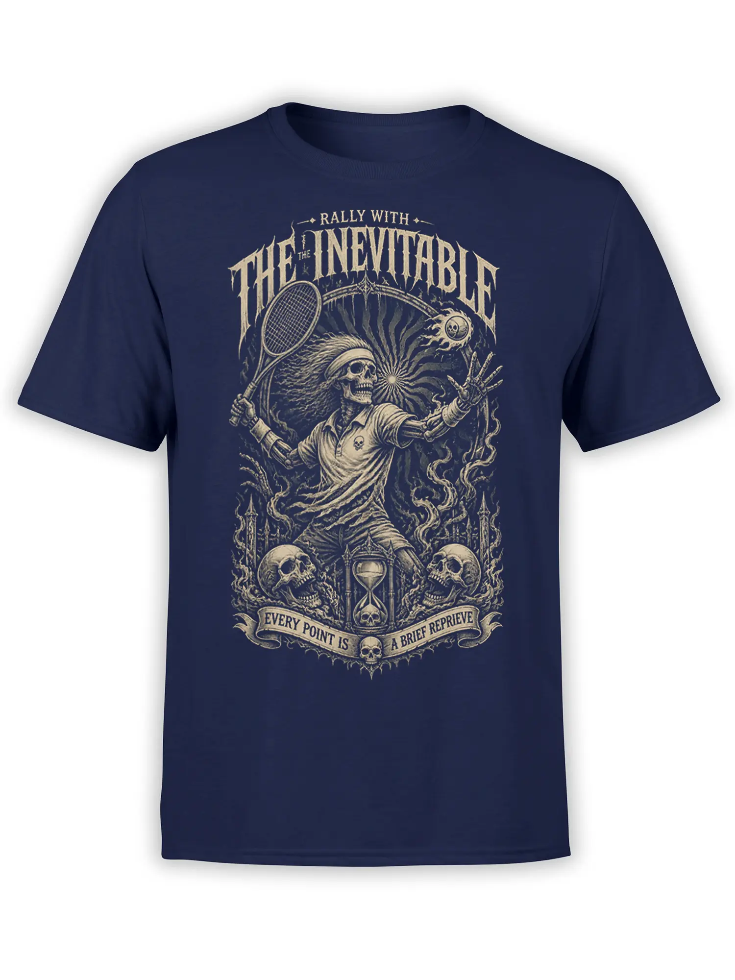 Gothic skeleton tennis player T-shirt in navy with skulls, an hourglass, and vintage cream lettering
