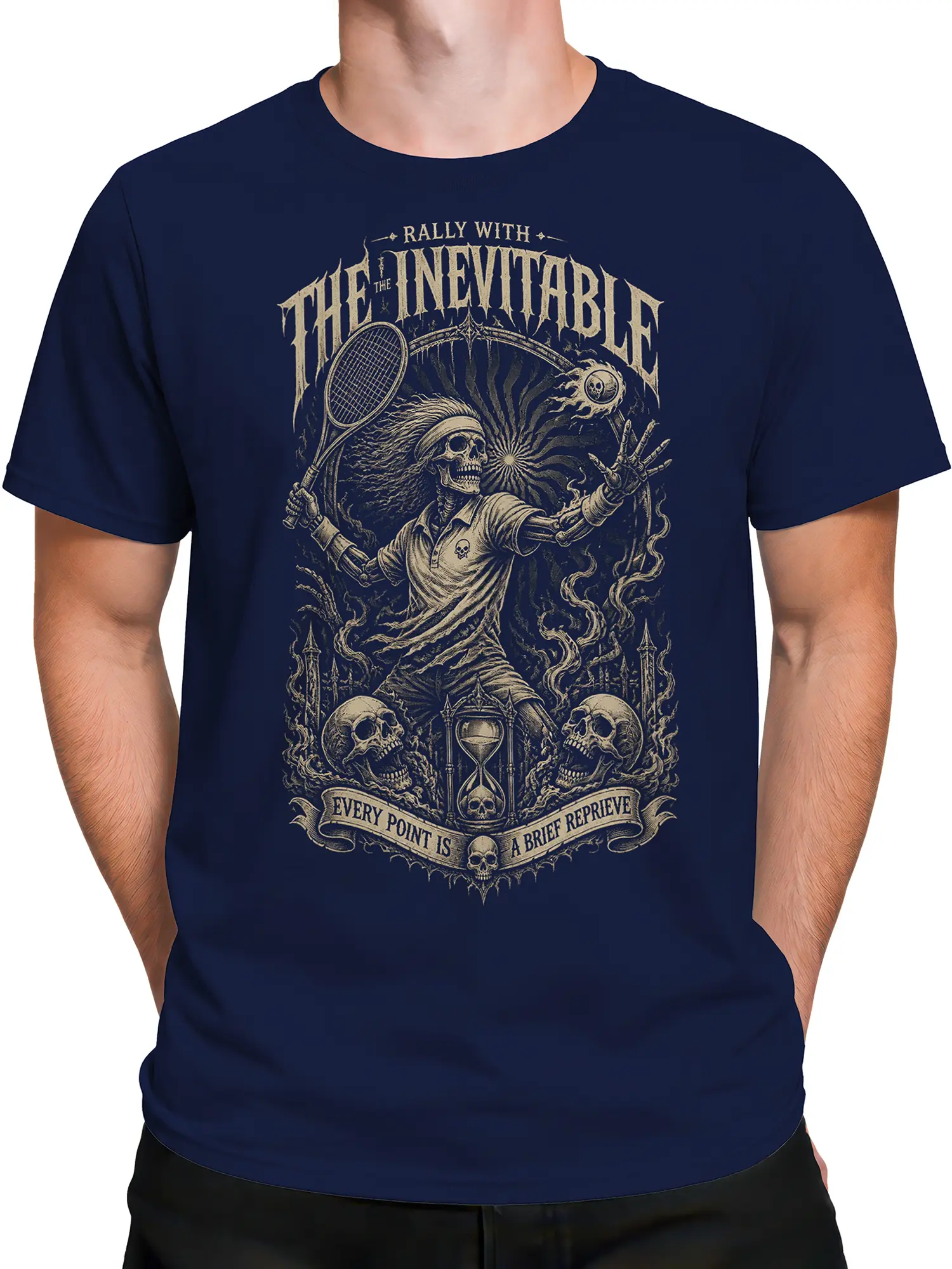 Male torso wearing a navy T-shirt with skeleton tennis player artwork and gothic cream lettering