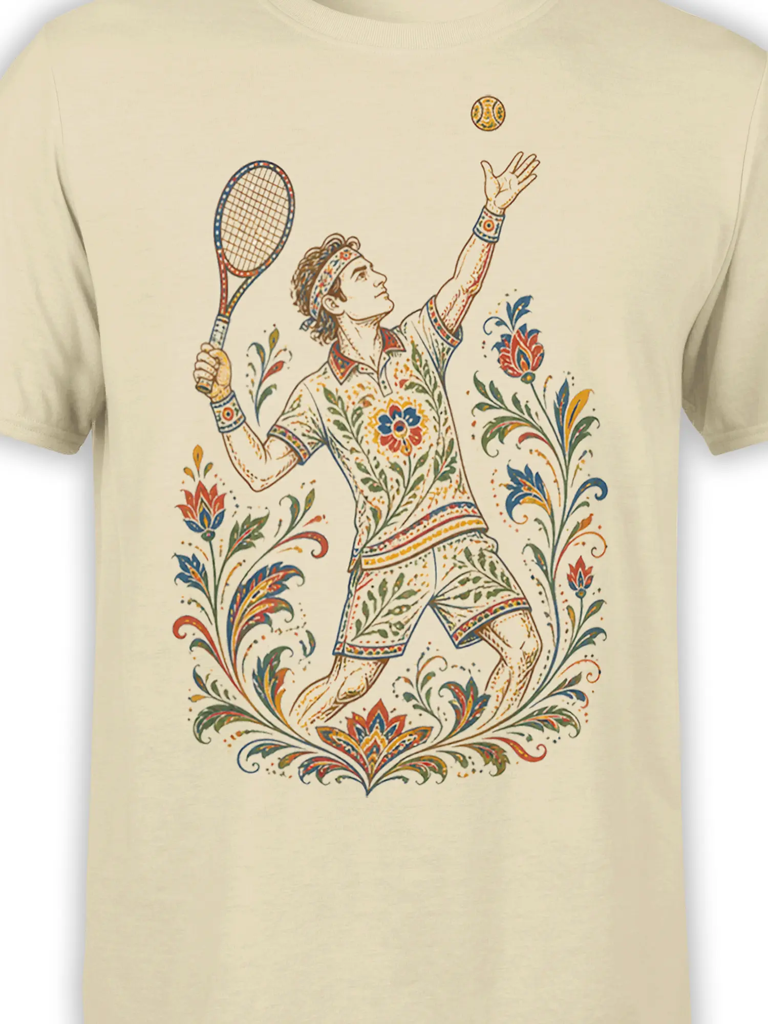 Close-up of tennis player and floral artwork on beige Garden Court T-shirt