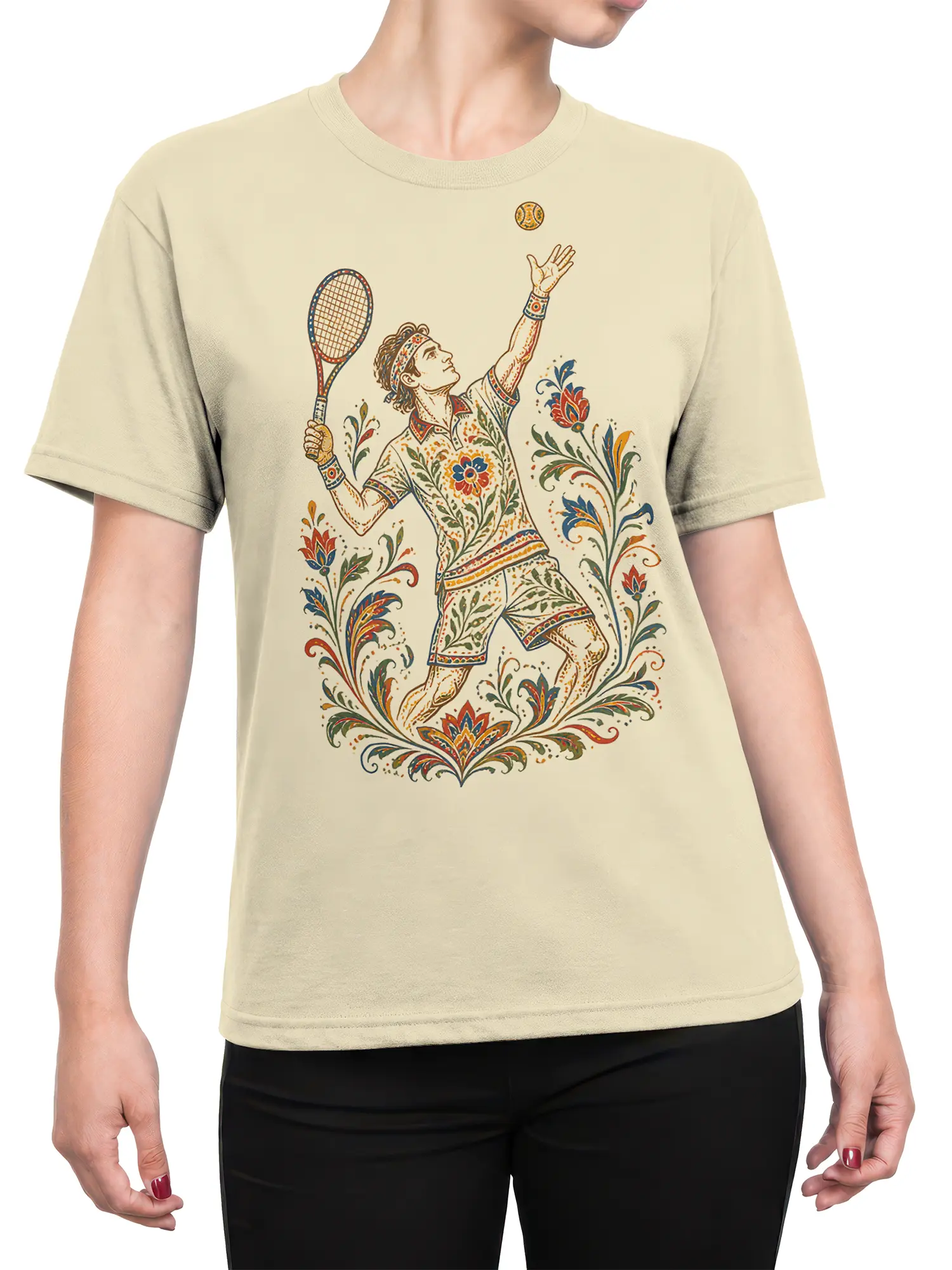 Female torso wearing beige tennis T-shirt with colorful floral player illustration