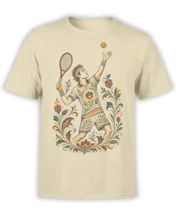 Beige tennis T-shirt with illustrated player, racket, ball, and colorful floral details