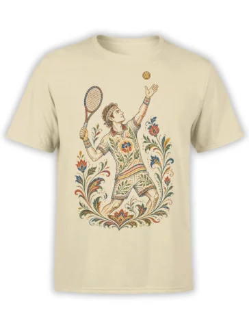 Beige tennis T-shirt with illustrated player, racket, ball, and colorful floral details