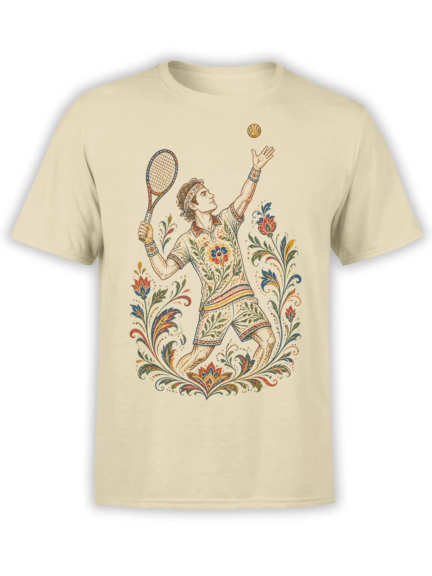 Beige tennis T-shirt with illustrated player, racket, ball, and colorful floral details
