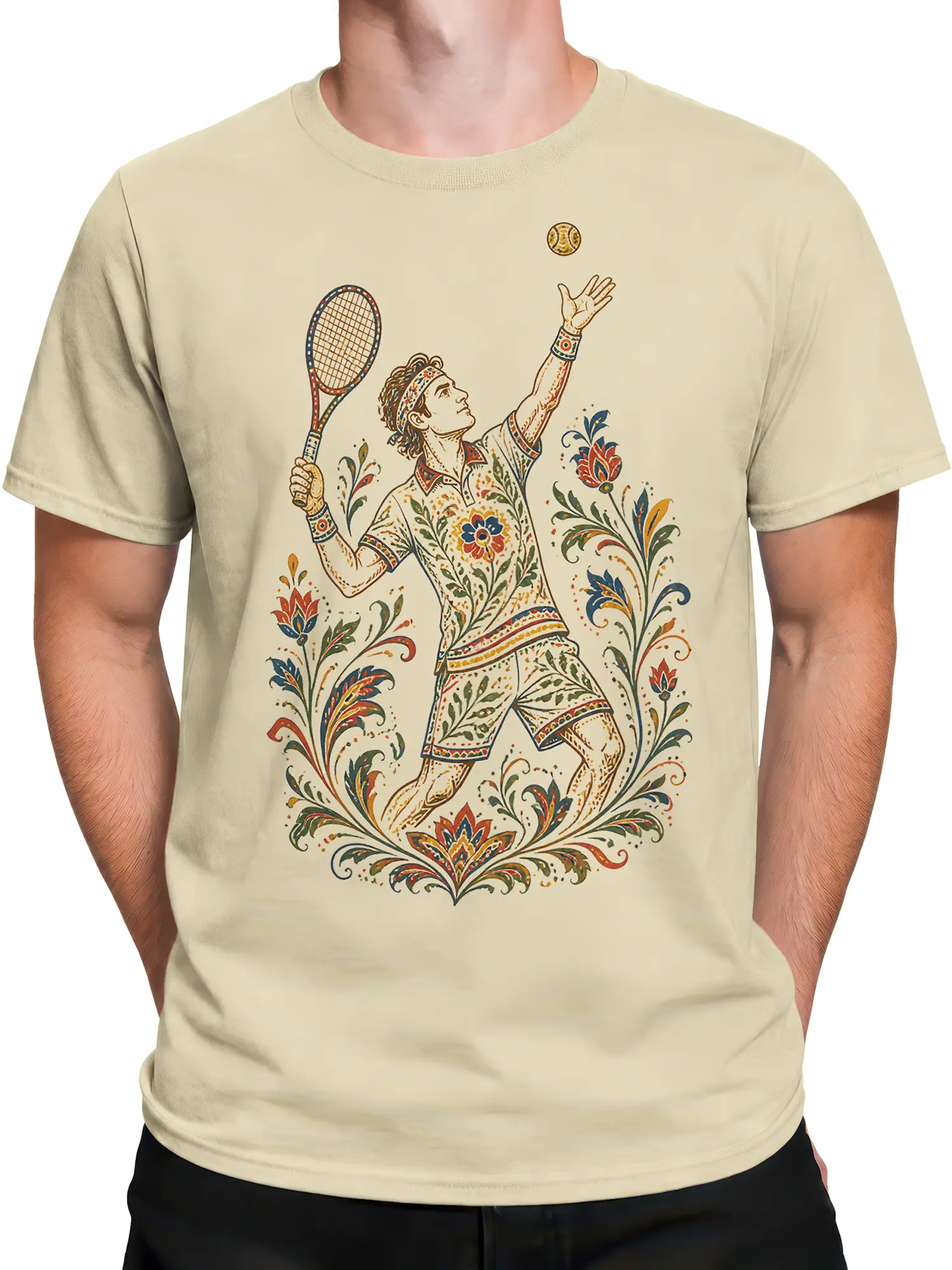 Male torso wearing beige tennis T-shirt with vintage floral court artwork