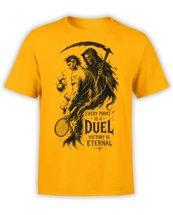 Golden yellow tennis shirt with black tennis player, hooded skeleton, scythe, racket, and duel text