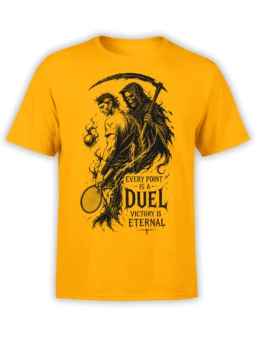 Golden yellow tennis shirt with black tennis player, hooded skeleton, scythe, racket, and duel text