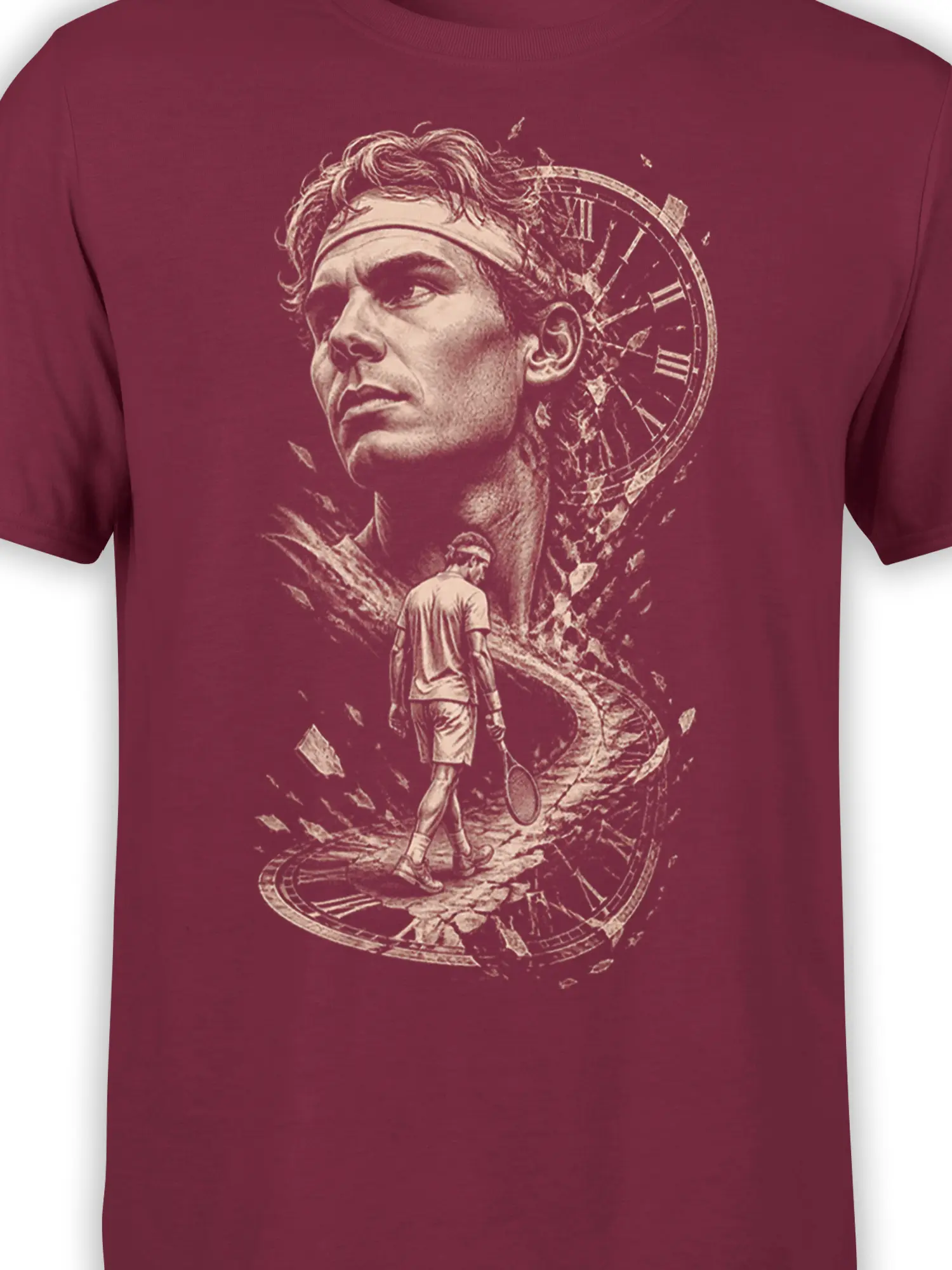 Close-up of burgundy tennis graphic tee showing the player, racket, cracked clock, and portrait details