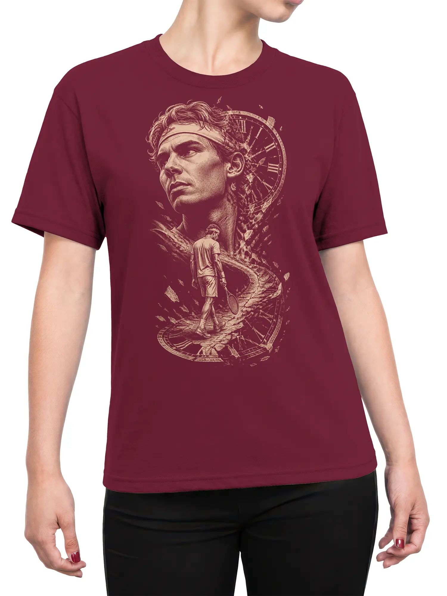 Female torso wearing a burgundy surreal tennis T-shirt with a lone player, broken clock, and portrait design