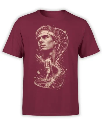 Surreal vintage tennis T-shirt in burgundy with a lone player, broken clock, and large thoughtful portrait
