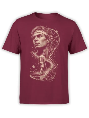 Surreal vintage tennis T-shirt in burgundy with a lone player, broken clock, and large thoughtful portrait