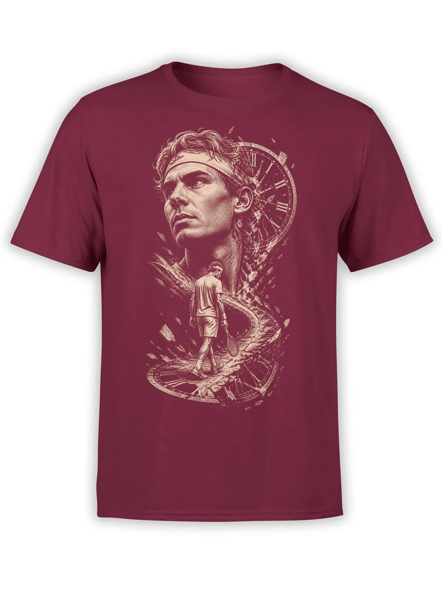 Surreal vintage tennis T-shirt in burgundy with a lone player, broken clock, and large thoughtful portrait