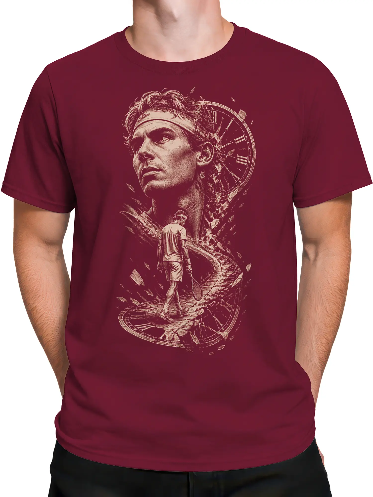 Male torso wearing a burgundy vintage tennis T-shirt with a surreal clock and player graphic