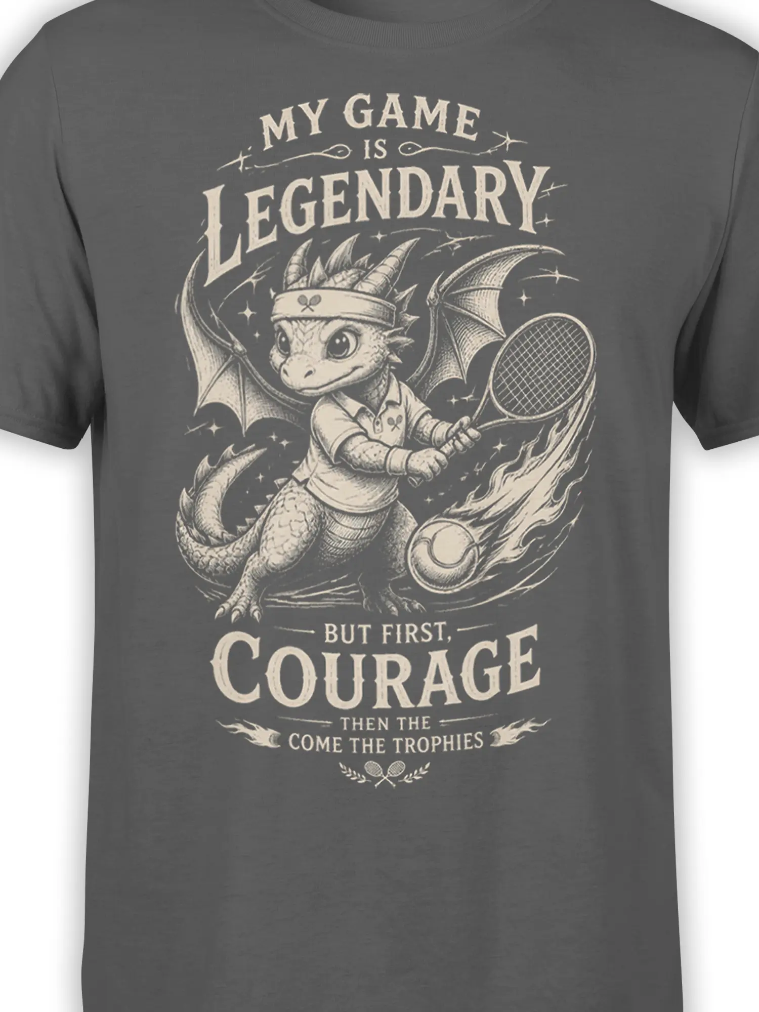 Close-up of winged dragon playing tennis on a dark gray fantasy sports T-shirt