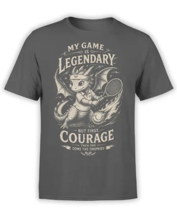 Dark gray dragon tennis T-shirt with winged dragon, racket, and legendary sports lettering