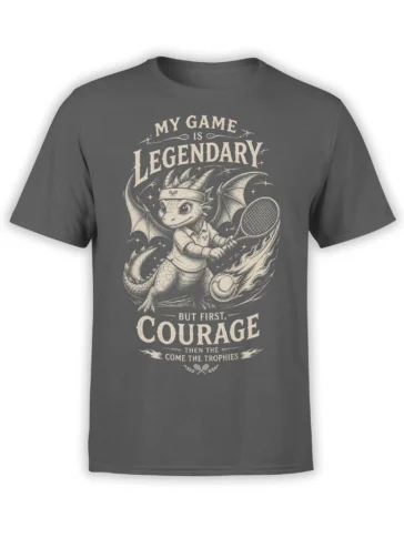 Dark gray dragon tennis T-shirt with winged dragon, racket, and legendary sports lettering
