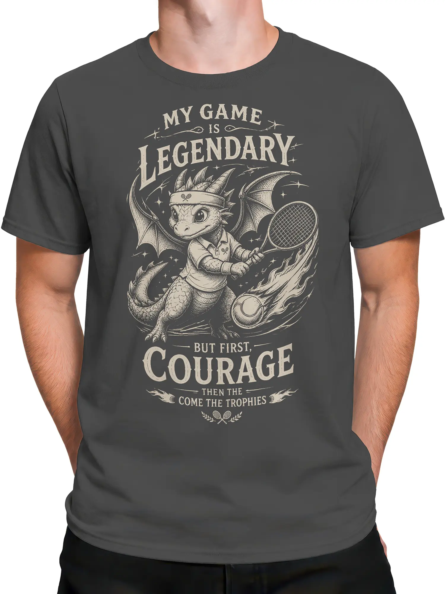 Male torso wearing a dark gray dragon tennis T-shirt with legendary sports artwork