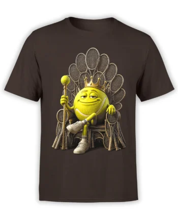 Brown T-shirt with a crowned yellow tennis ball seated on a throne of tennis rackets