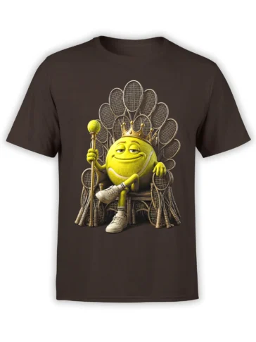 Brown T-shirt with a crowned yellow tennis ball seated on a throne of tennis rackets