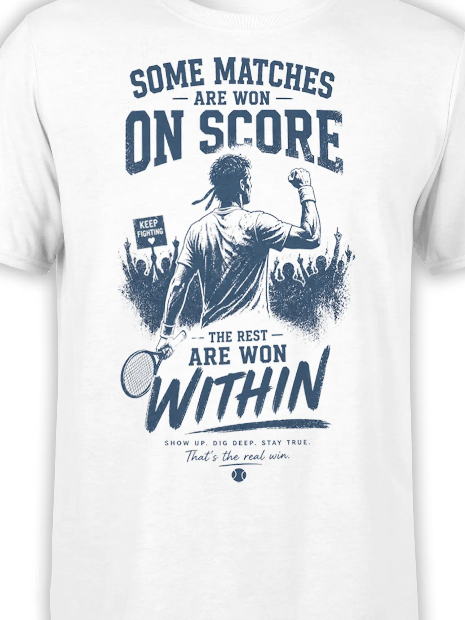 Close-up of the white tennis shirt graphic showing the player, crowd, racket, tennis ball, and “Win Within” design