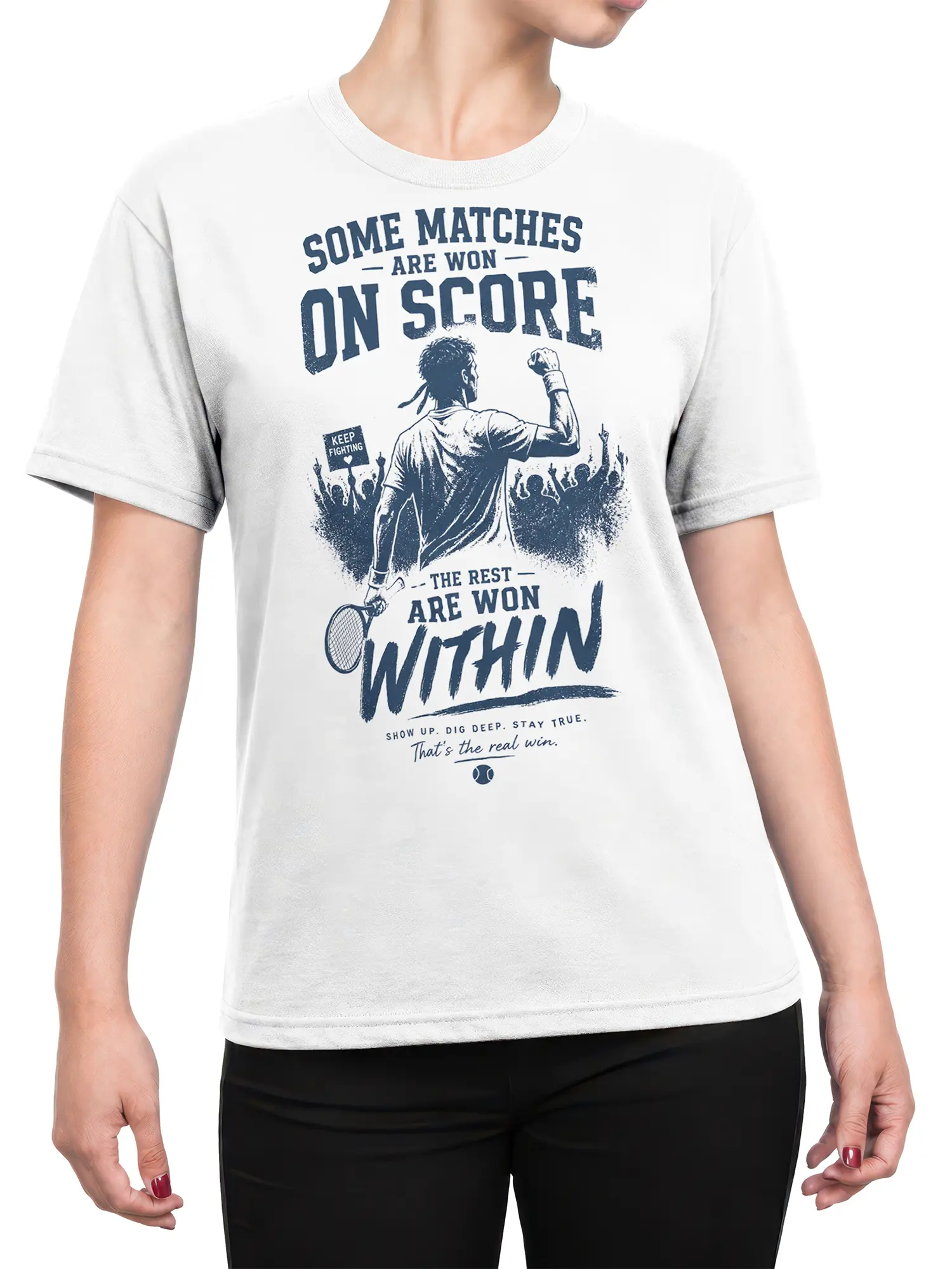 Female torso wearing a white tennis T-shirt with vintage navy player artwork and bold “Win Within” lettering