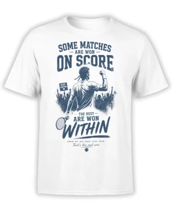 White tennis T-shirt with vintage navy player graphic, cheering crowd, tennis ball, and “Win Within” message