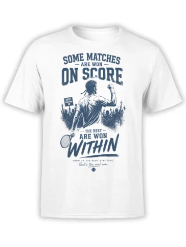 White tennis T-shirt with vintage navy player graphic, cheering crowd, tennis ball, and “Win Within” message