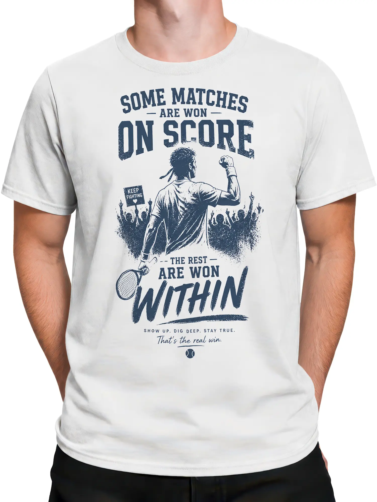 Male torso wearing a white tennis T-shirt with raised racket graphic and motivational “Win Within” message