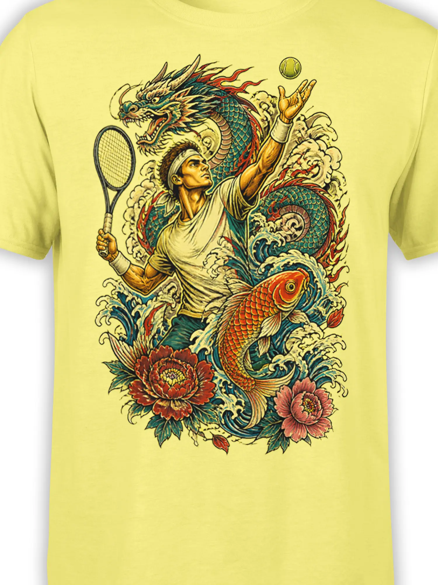 Close-up of dragon, tennis player, koi fish, waves, and flowers on a yellow graphic T-shirt