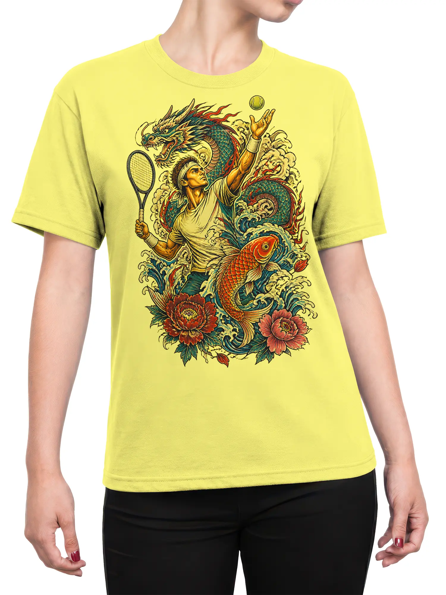 Female torso wearing a yellow T-shirt with a dragon, tennis player, koi fish, and floral graphic