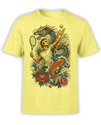 Yellow T-shirt with a vintage tennis player, dragon, koi fish, waves, and flowers graphic
