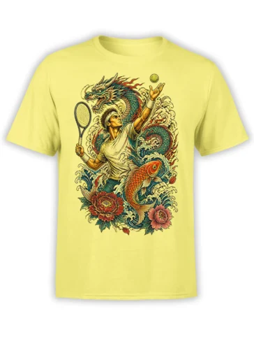 Yellow T-shirt with a vintage tennis player, dragon, koi fish, waves, and flowers graphic