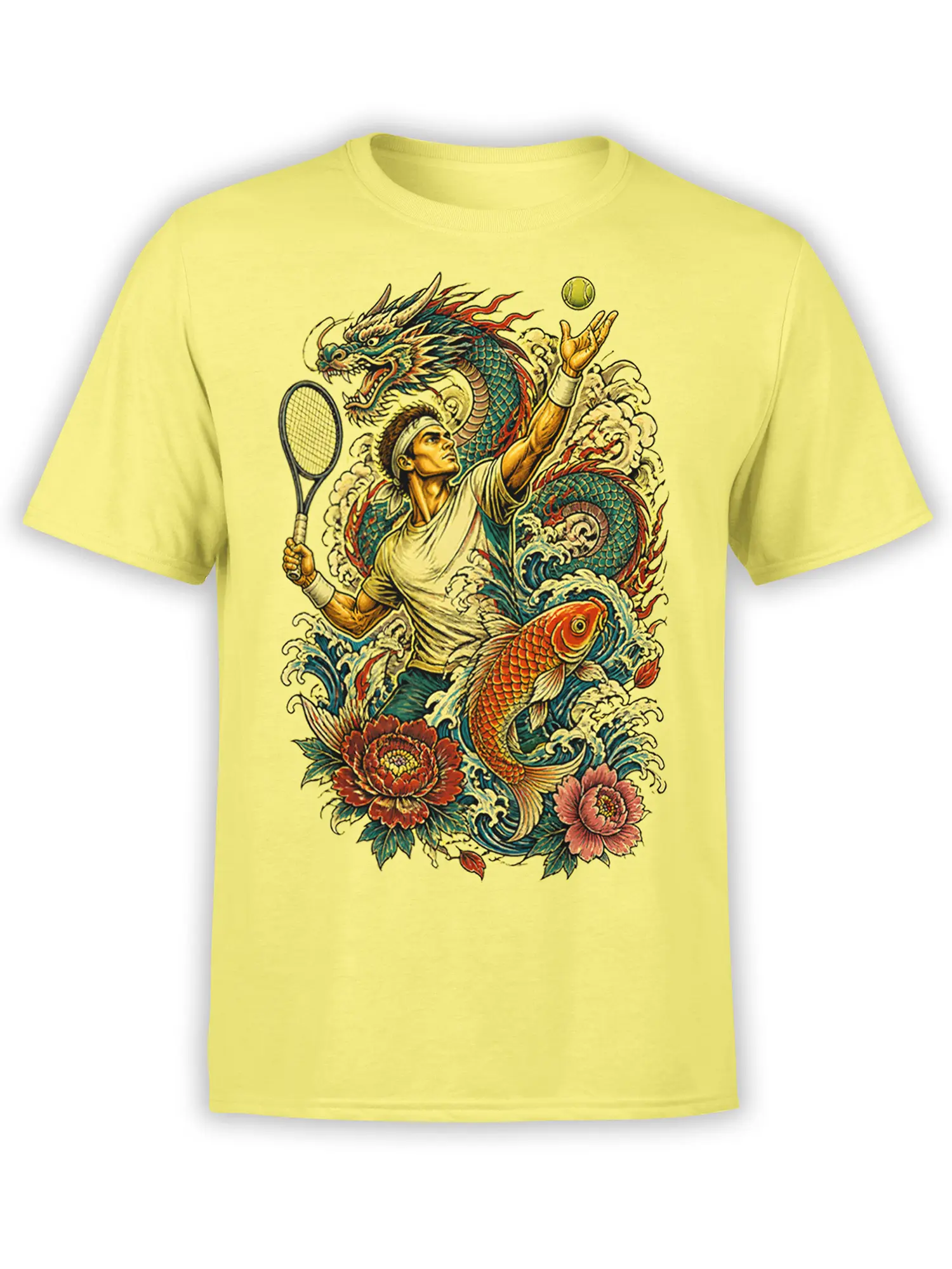 Yellow T-shirt with a vintage tennis player, dragon, koi fish, waves, and flowers graphic