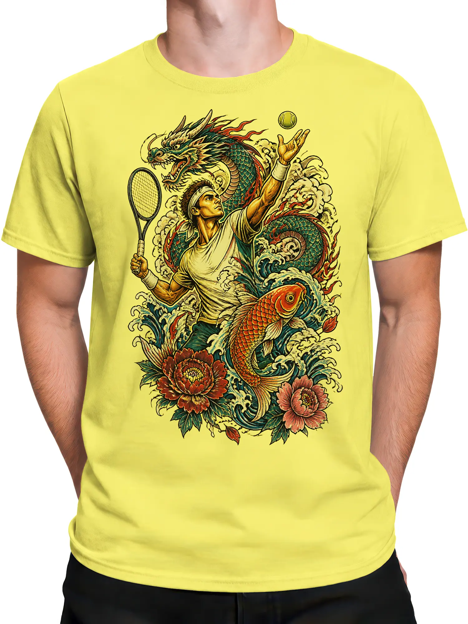 Male torso wearing a yellow T-shirt with a vintage dragon and tennis player graphic