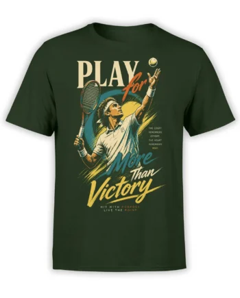 Vintage tennis player graphic tee in green with racket, purpose message, and bold victory lettering