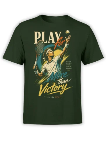 Vintage tennis player graphic tee in green with racket, purpose message, and bold victory lettering