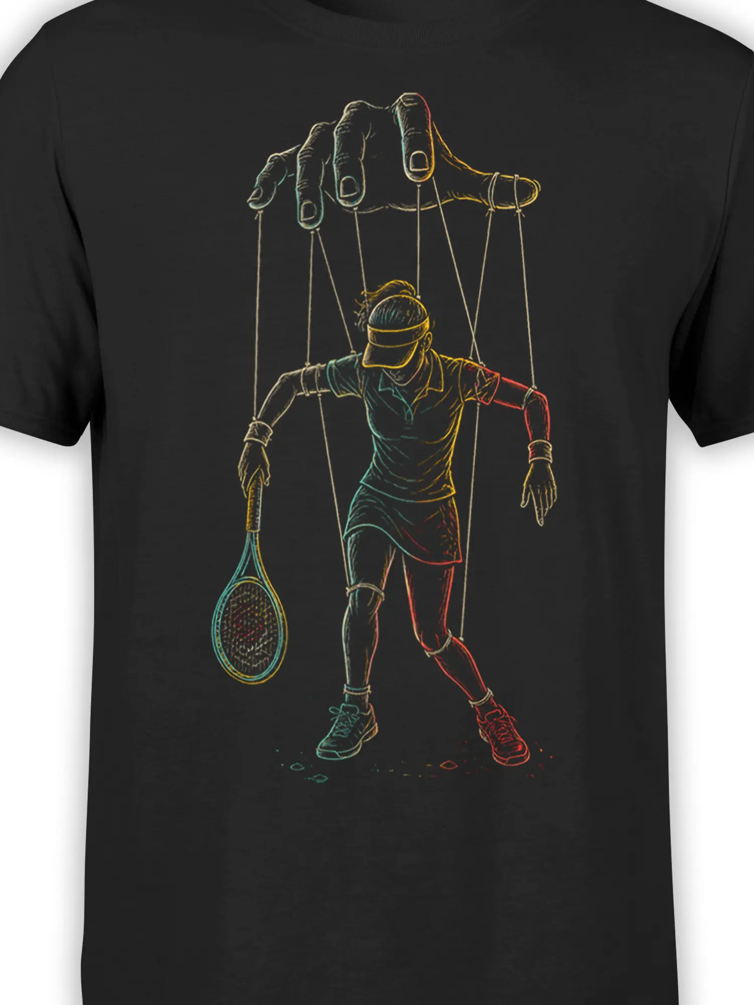 Close-up of surreal tennis player and puppet hand design on black T-shirt