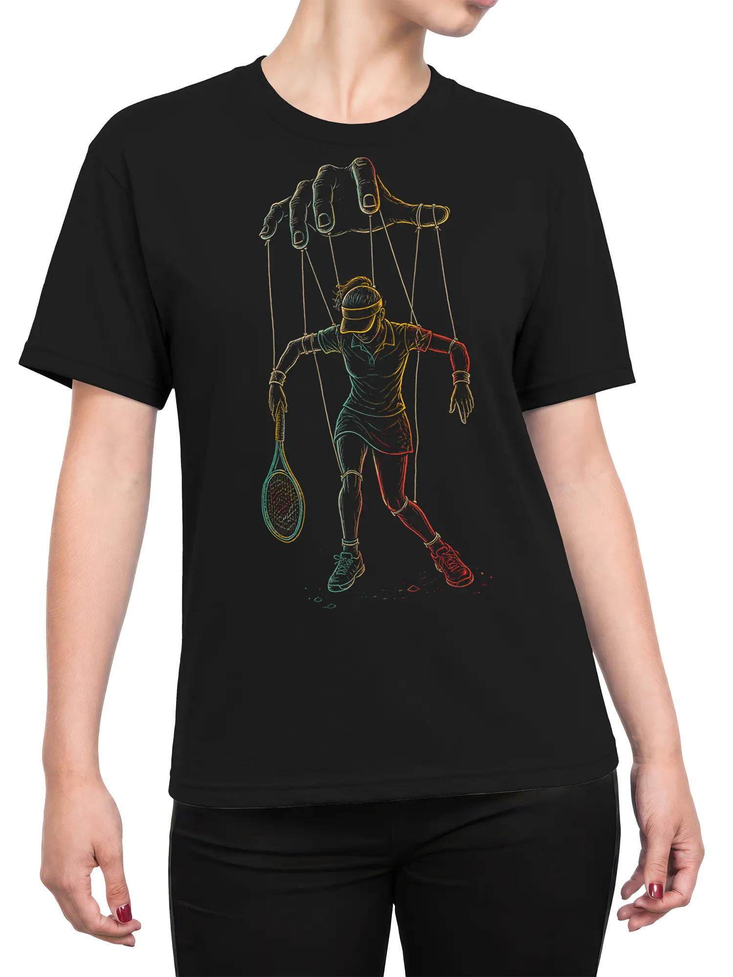 Female torso wearing black tennis T-shirt with puppet string player artwork