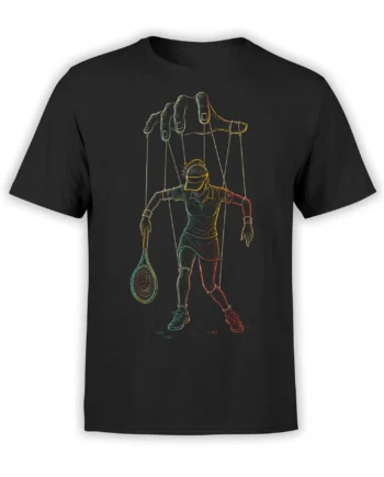 Black tennis T-shirt with a visor-wearing player controlled by strings from a giant hand