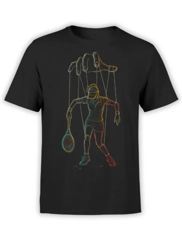 Black tennis T-shirt with a visor-wearing player controlled by strings from a giant hand