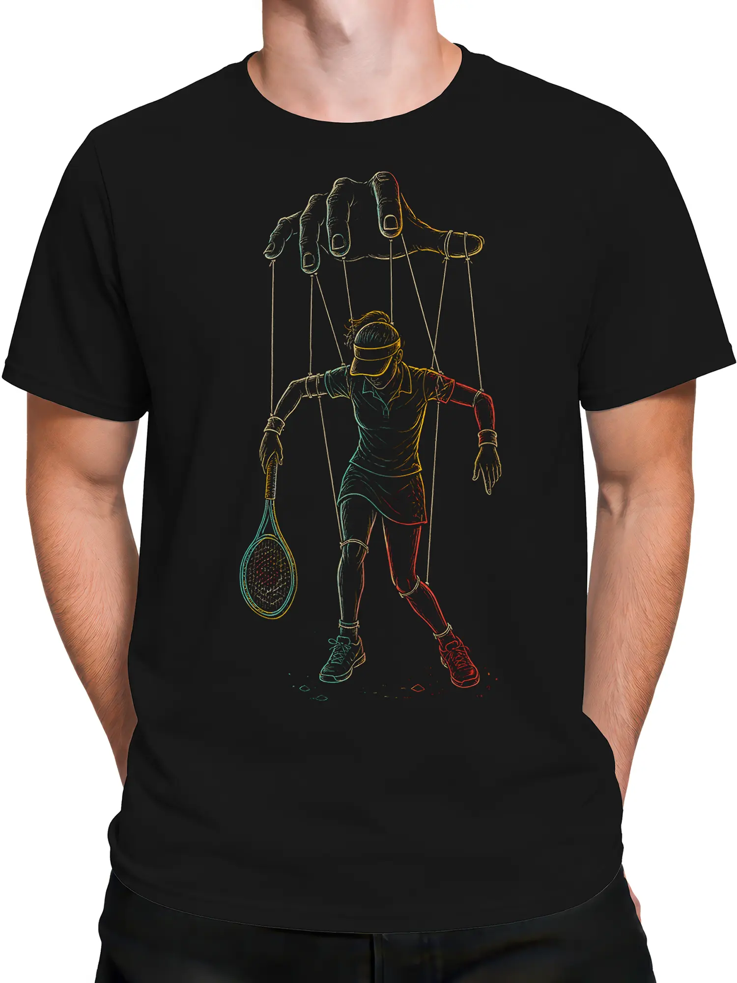Male torso wearing black tennis T-shirt with giant hand and strings design